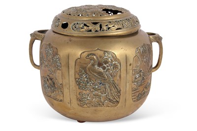 Lot 89 - A large Japanese brass Censer decorated with...