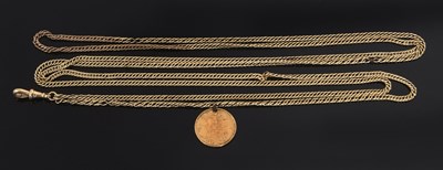 Lot 319 - A long guard chain and sovereign charm, the...