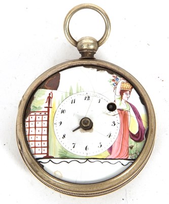 Lot 218 - A metal open face pocket watch with painted...