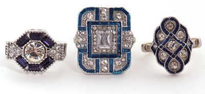 Lot 194 - Three Art Deco style dress rings: one set with...