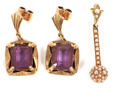 Lot 72 - A pair of amethyst earrings and a seed pearl...