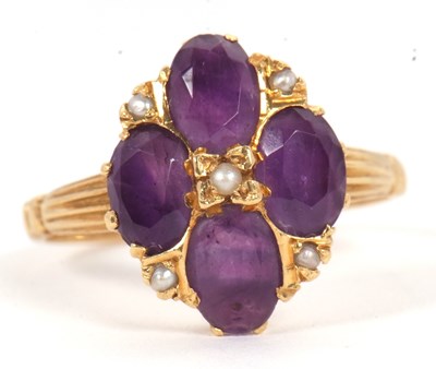 Lot 28 - An 18ct amethyst and seed pearl ring, the four...