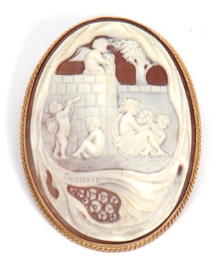 Lot 187 - A 9ct cameo brooch, the oval shell cameo of a...