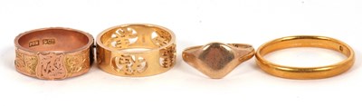 Lot 167 - Four gold rings: to include a gold wedding...