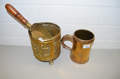 Lot 168 - MIXED LOT BRASS TANKARD, BRASS JARDINIERE AND...