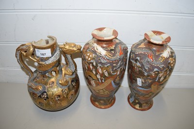 Lot 187 - PAIR OF JAPANESE SATSUMA VASES AND A FURTHER...