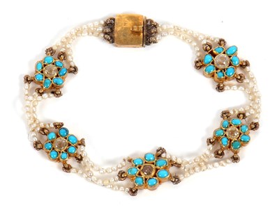 Lot 92 - A diamond, seed pearl and turquoise bracelet,...