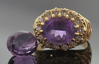 Lot 305 - 18ct gold amethyst and diamond ring, the oval...