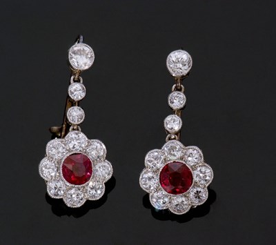 Lot 311 - Pair of ruby and diamond drop earrings...