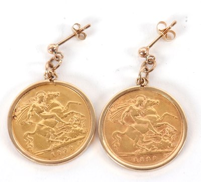 Lot 198 - A pair of half sovereign earrings, the 1909...