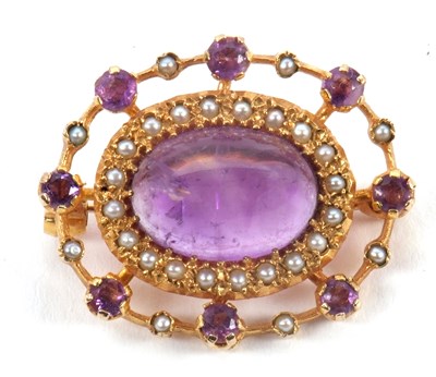 Lot 128 - A 9ct amethyst and seed pearl brooch, the...