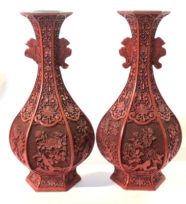 Lot 221 - Large pair of lacquer cinnabar type vases of...