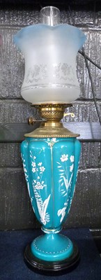 Lot 286 - 19th Century oil lamp, the blue glass body of...
