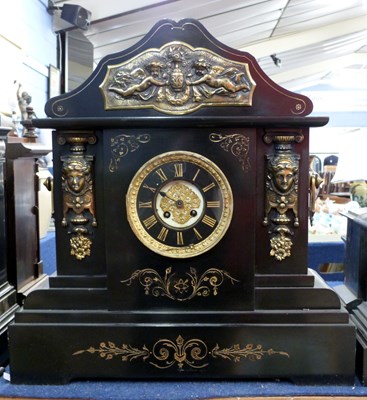 Lot 314 - A large Victorian black slate mantel clock...