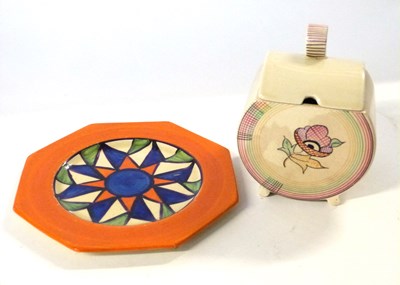 Lot 348 - A Clarice Cliff Bonjour shape sugar box and...