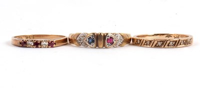 Lot 53 - Three 9ct gemset rings: to include a five...