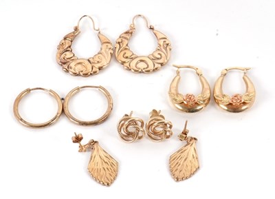 Lot 211 - Five pairs of earrings: four stamped 375 or...