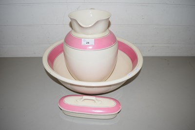 Lot 24 - WASH BOWL, JUG AND SOAP DISH DECORATED WITH...