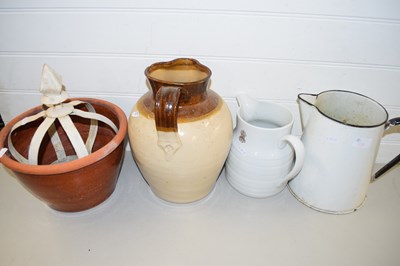 Lot 169 - MIXED LOT : LARGE STONEWARE JUG, ENAMEL JUG,...