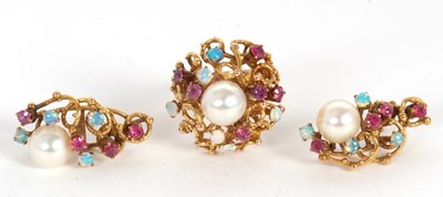 Lot 78 - A cultured pearl and gemset ring and earrings,...
