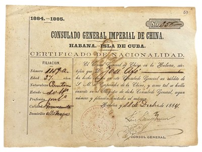 Lot 978 - CHINA - SLAVERY. Cuban Nationality Certificate...