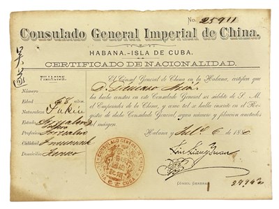 Lot 1095 - CHINA SLAVERY - Cuban Nationality Certificate...