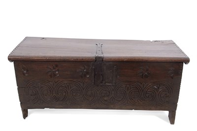 Lot 350 - A 17th Century oak plank coffer of hinged...