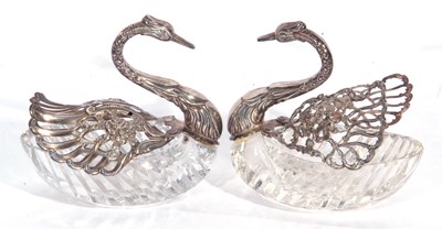 Lot 84 - Pair of 925 marked glass 'Swan' butter dishes,...