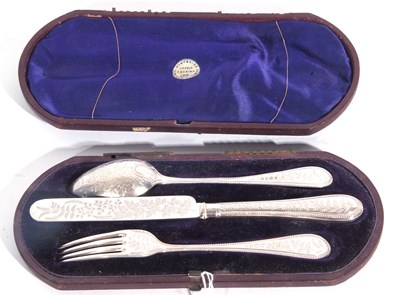 Lot 111 - Cased three piece silver christening set, each...