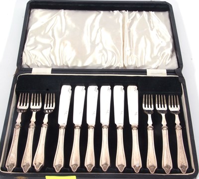 Lot 221 - Cased set of six pairs of silver handled fish...
