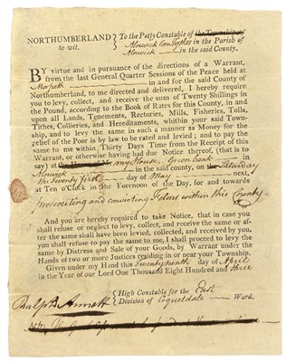 Lot 975 - NORTHUMBERLAND WARRANT. 1803. Printed document...