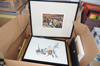 Lot 63 - Box containing a quantity of framed prints,...