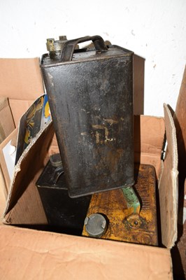 Lot 55 - Box containing three vintage petrol cans...