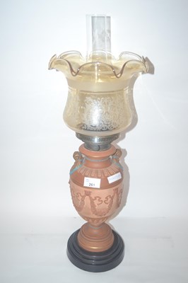Lot 261 - Watcombe Pottery Oil Lamp with Glass Shade and Chimney