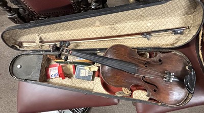 Lot 417 - An antique violin, cased with bow, no label...