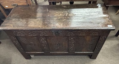 Lot 522 - An 18th Century oak coffer with plank top over...