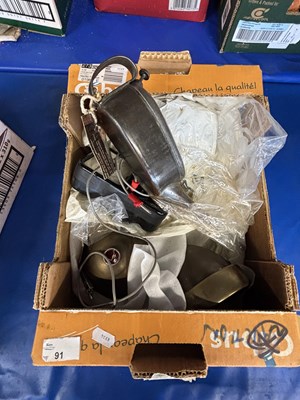 Lot 91 - Box containing various lamps, amp meter, small...