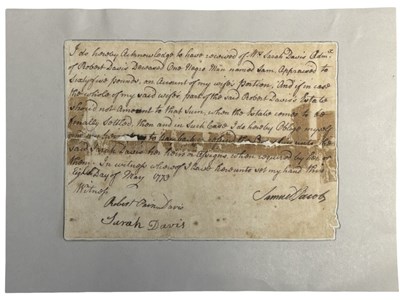 Lot 1007 - SLAVE RECEIPT DATED 1773. - AGREEMENT - BILL...