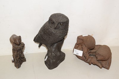 Lot 51 - Group of resin models of an owl, hedgehogs and...