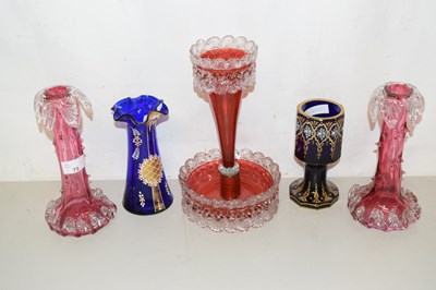 Lot 73 - Pair of cranberry glass vases and a cranberry...