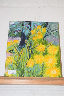 Lot 202 - Oil on canvas painting of sunflowe4rs