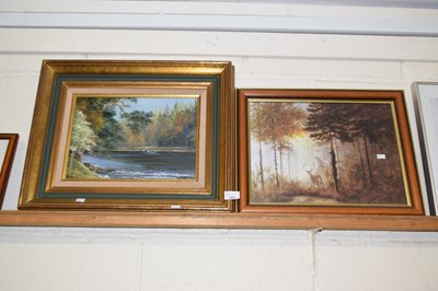 Lot 204 - An oil on board of a lake scene with rowing...