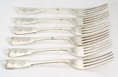 Lot 34 - Six fiddle pattern table forks, engraved with...