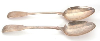 Lot 38 - Two Georgian silver fiddle pattern tablespoons,...