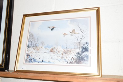 Lot 39 - Coloured print, pheasants in a winter landscape