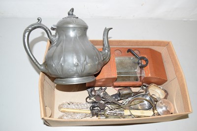 Lot 100 - Box mixed items to include pewter teapot...