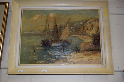 Lot 685 - Oil on board of a masted ship marked Camprio