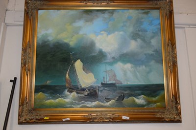 Lot 699 - Reproduction oleograph -Boats at sea, oil on...