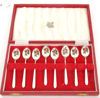 Lot 182 - Cased set of eight silver and enamelled coffee...