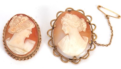 Lot 138 - Two oval shell cameo brooches: one in 9ct...